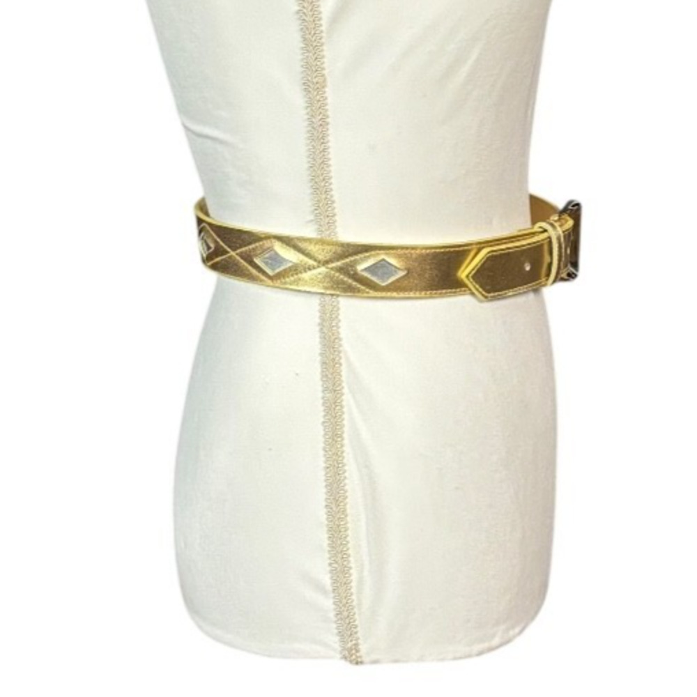 Vintage Liz Claiborne Statement Belt Gold Size Medium Faux Leather Retro Diamond - Picture 5 of 11